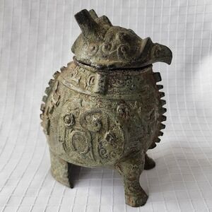 Archaistic Bronze Owl Bird Zun Vessel Shang Dynasty Style Ritual Tripod Ewer FN